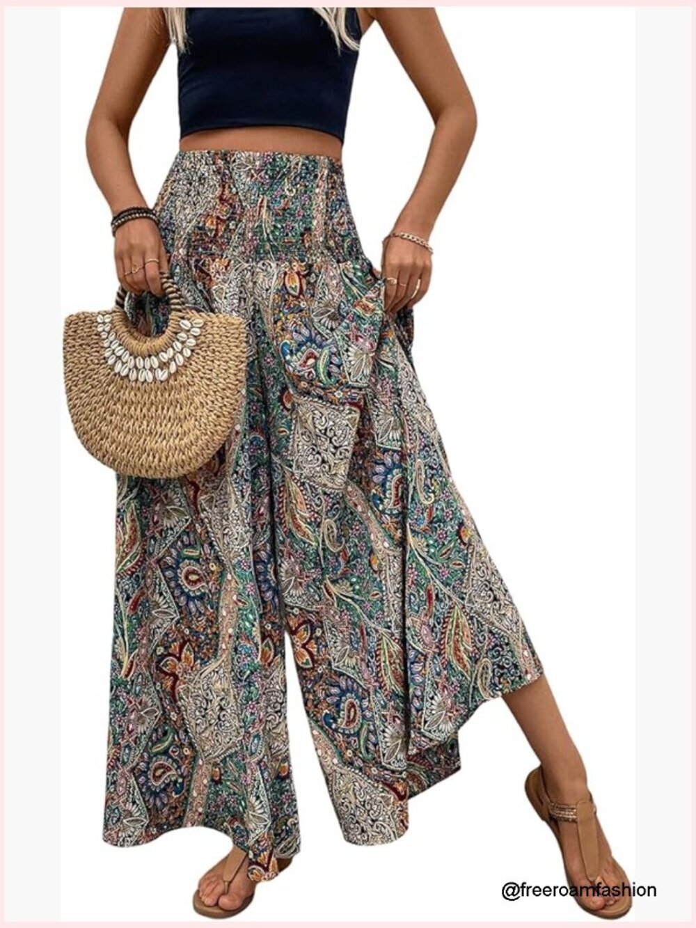 Boho Paisley Print Palazzo Pants High Waisted Wide Leg Flowy Trousers